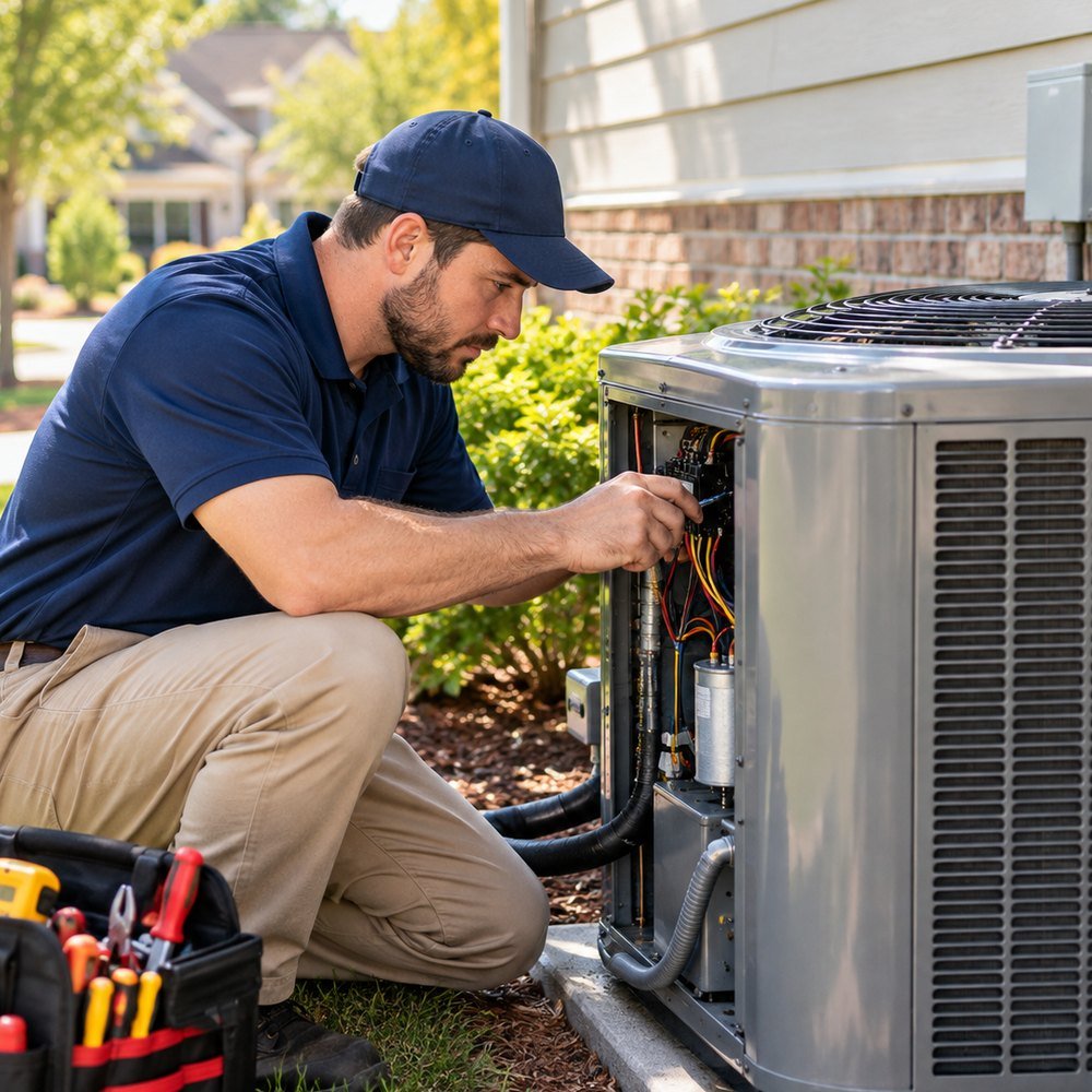 HVAC professional inspecting residential heating and cooling equipment