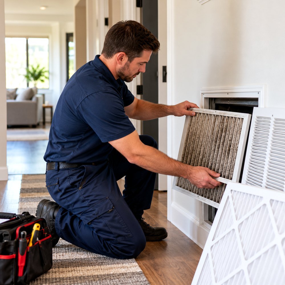 HVAC professional inspecting residential heating and cooling equipment