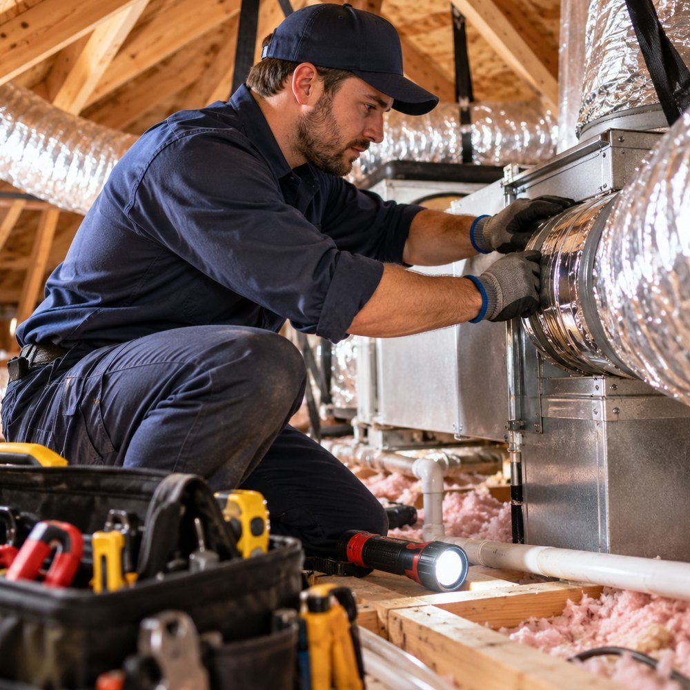 HVAC professional inspecting residential heating and cooling equipment