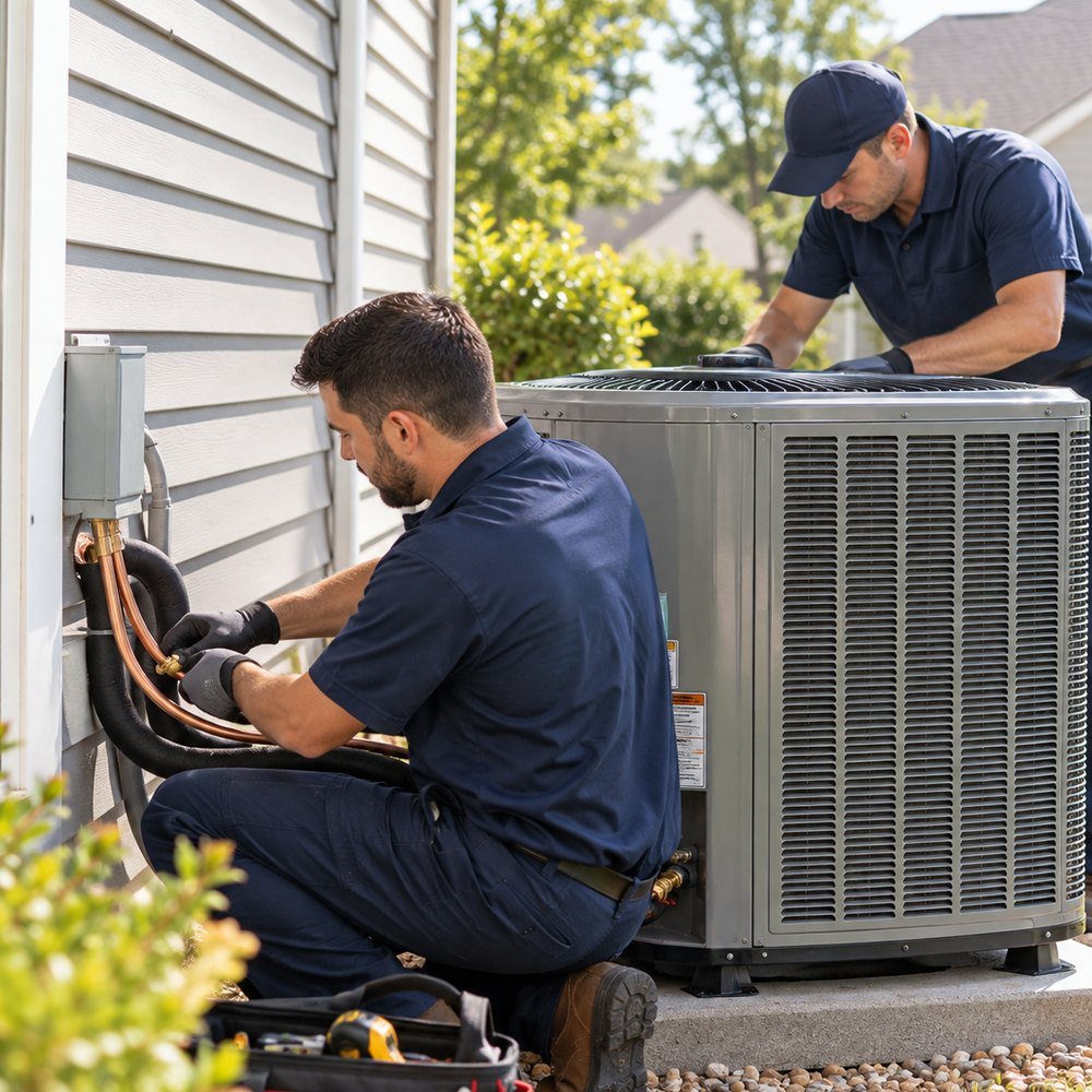 HVAC professional inspecting residential heating and cooling equipment