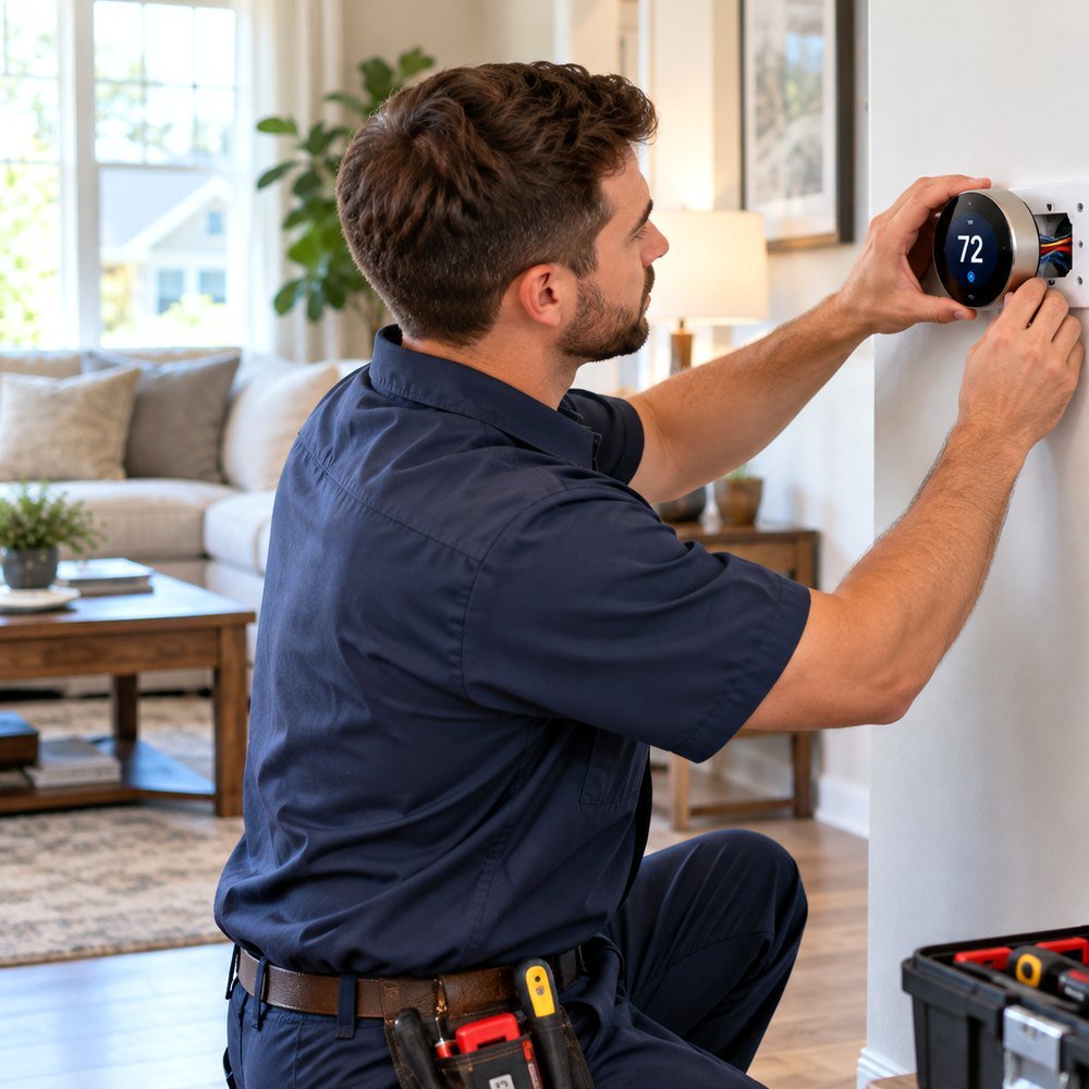 HVAC professional inspecting residential heating and cooling equipment