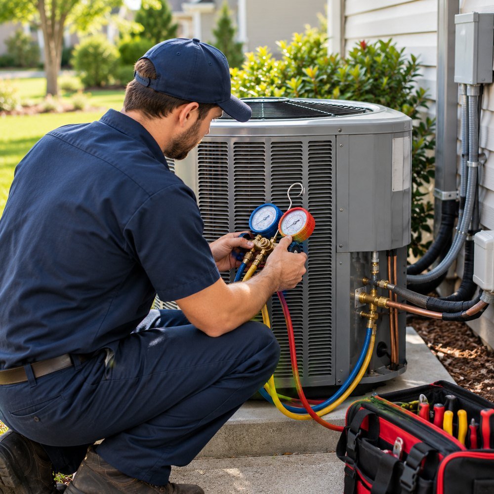 Residential HVAC equipment being inspected for a heating or cooling problem