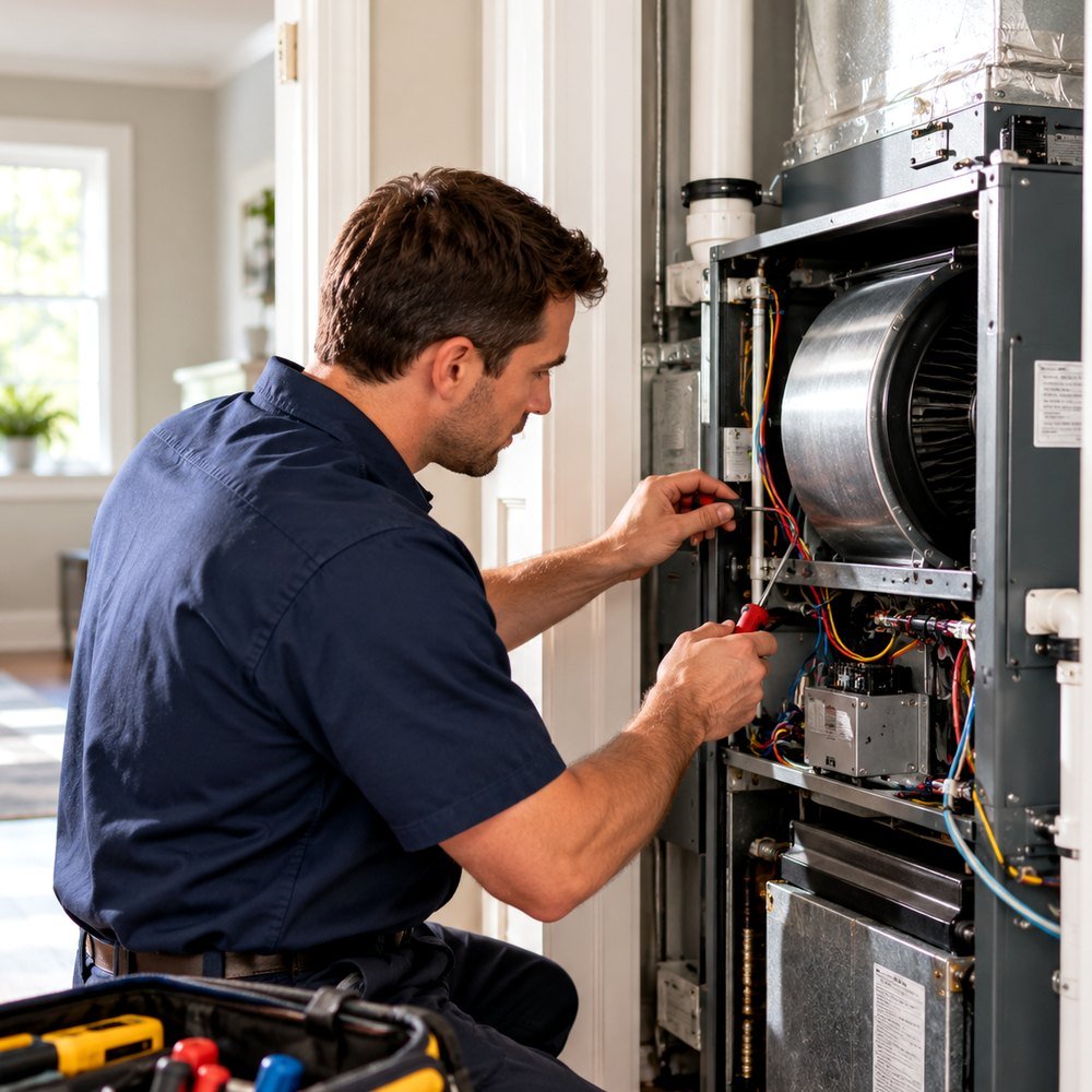Residential HVAC equipment being inspected for a heating or cooling problem