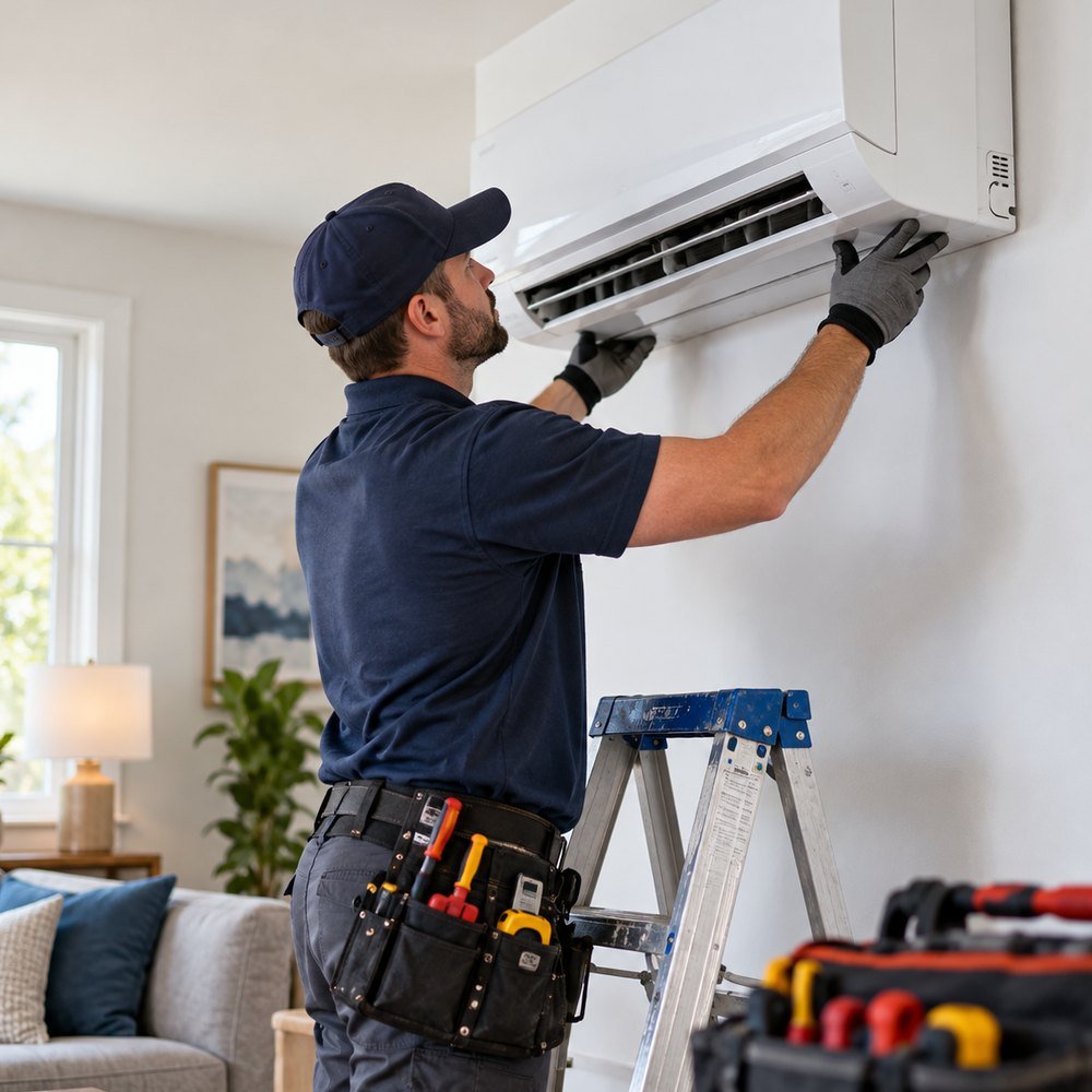 Residential HVAC equipment being inspected for a heating or cooling problem
