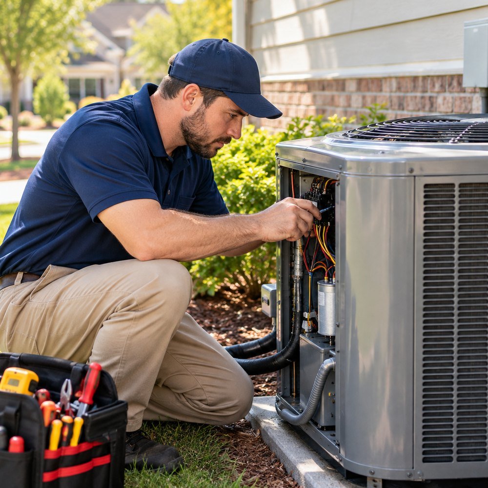 Residential HVAC equipment being inspected for a heating or cooling problem