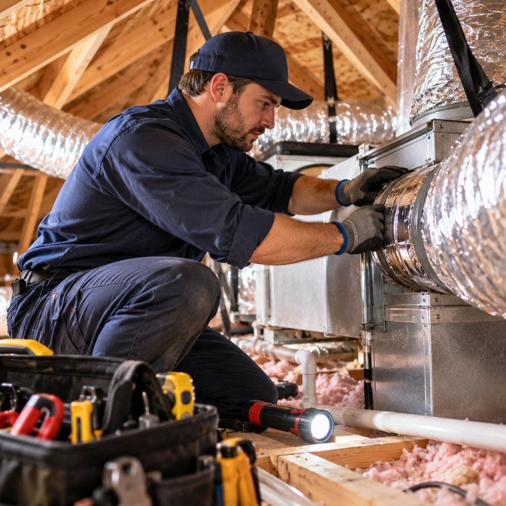 Residential HVAC equipment being inspected for a heating or cooling problem