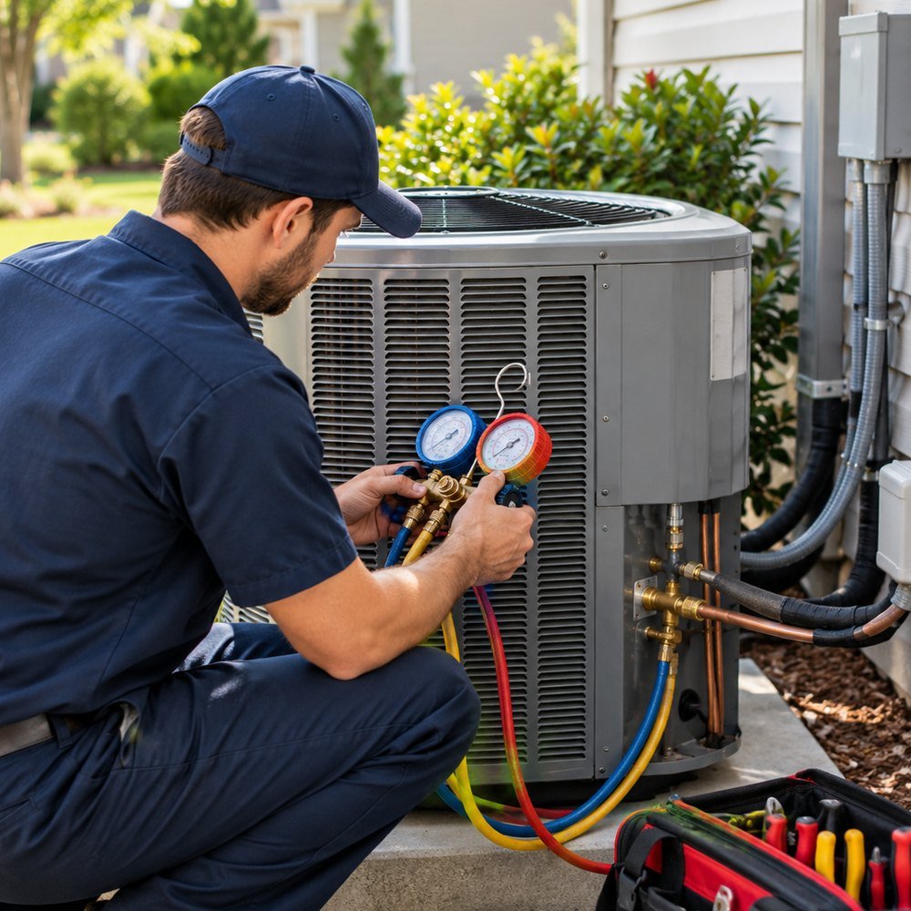 Residential HVAC equipment being inspected for a heating or cooling problem