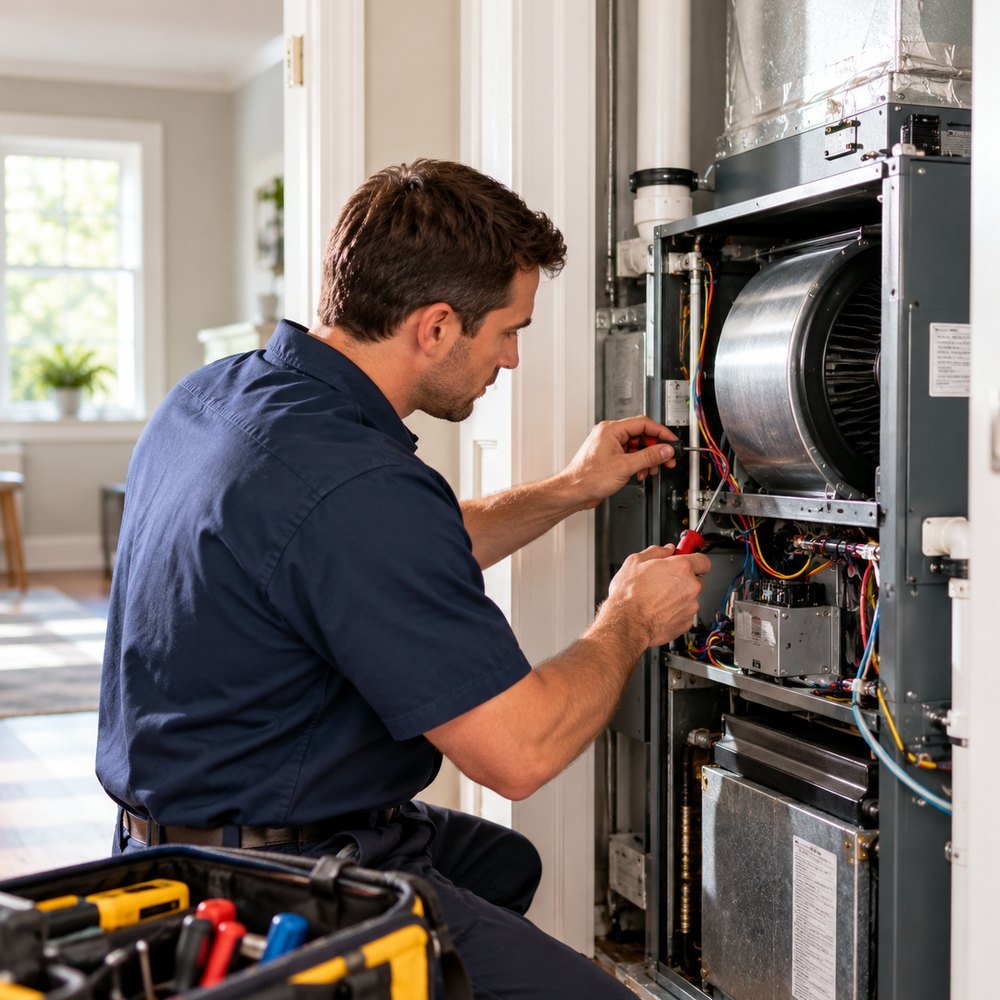 Residential HVAC equipment being inspected for a heating or cooling problem