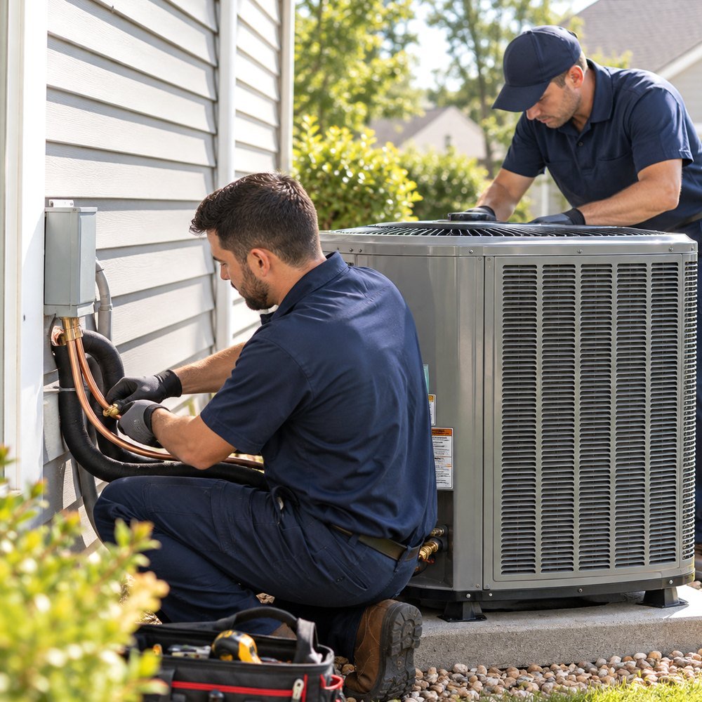 HVAC professional inspecting residential heating and cooling equipment