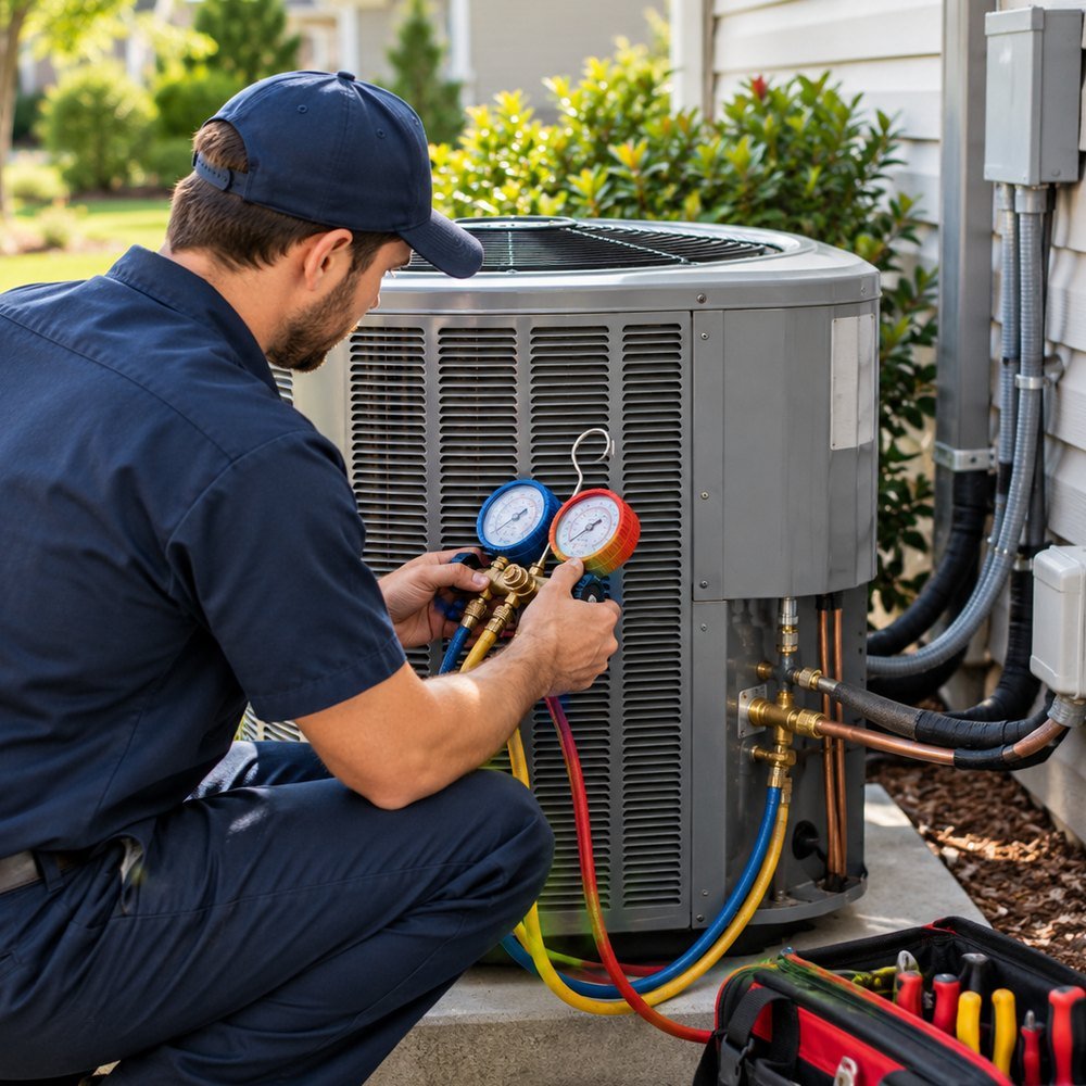 HVAC professional inspecting residential heating and cooling equipment