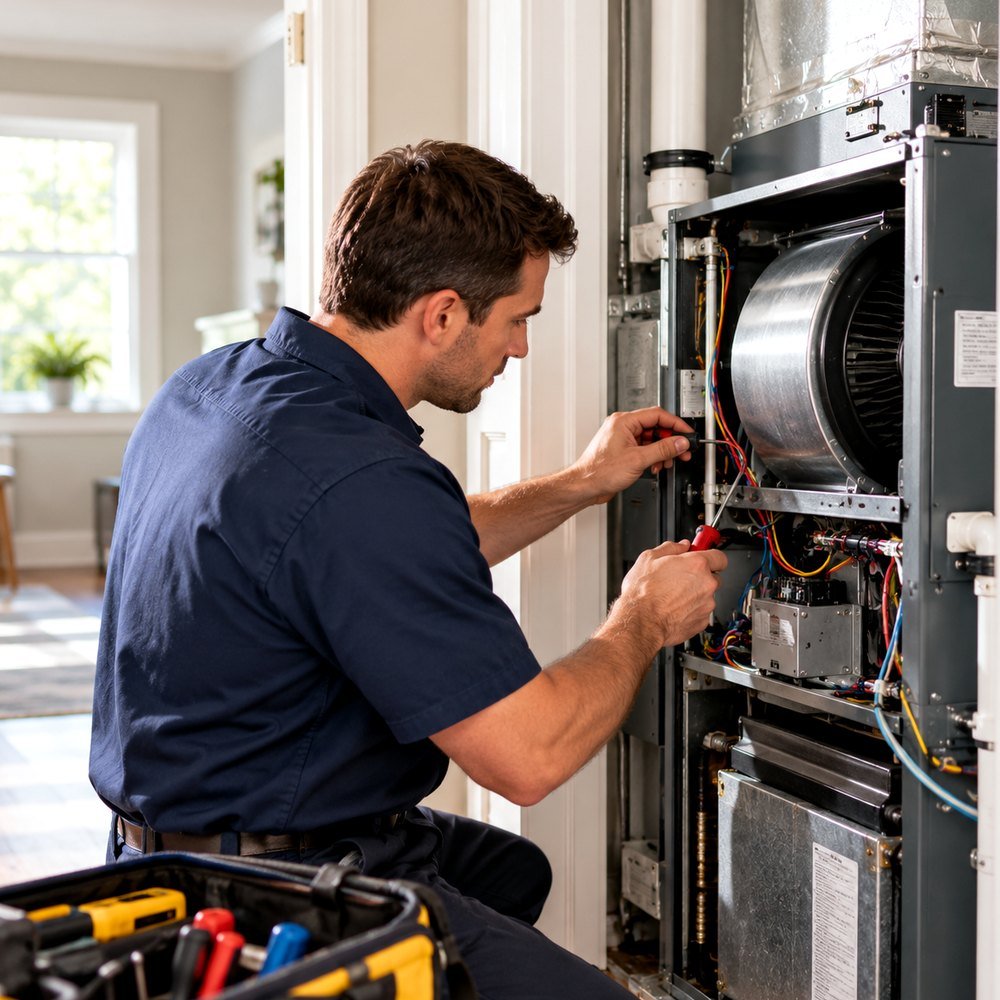 HVAC professional inspecting residential heating and cooling equipment