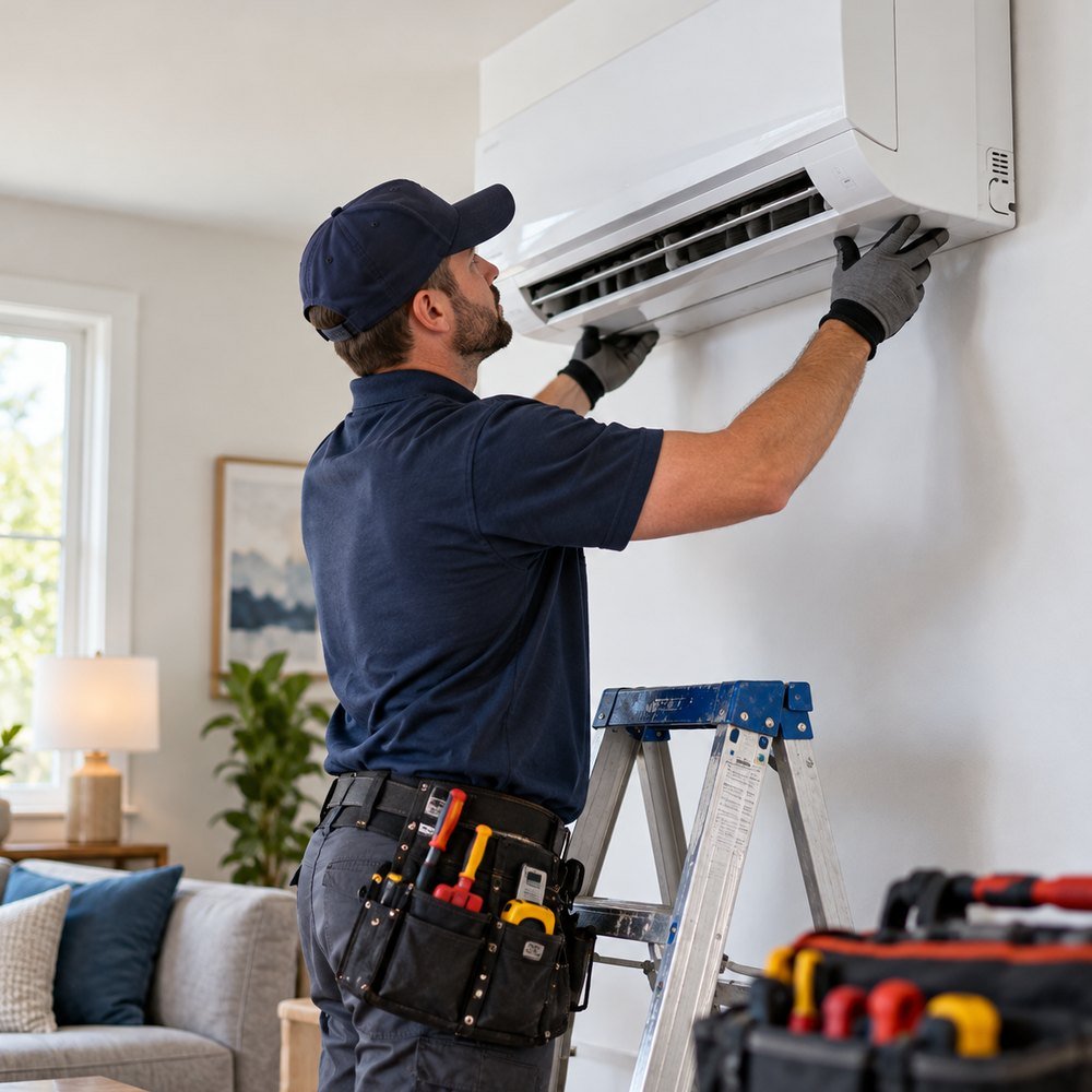 HVAC professional inspecting residential heating and cooling equipment