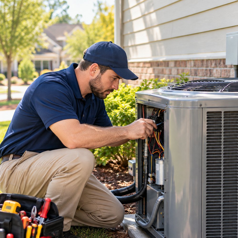 HVAC professional inspecting residential heating and cooling equipment