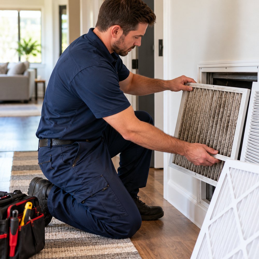 HVAC professional inspecting residential heating and cooling equipment