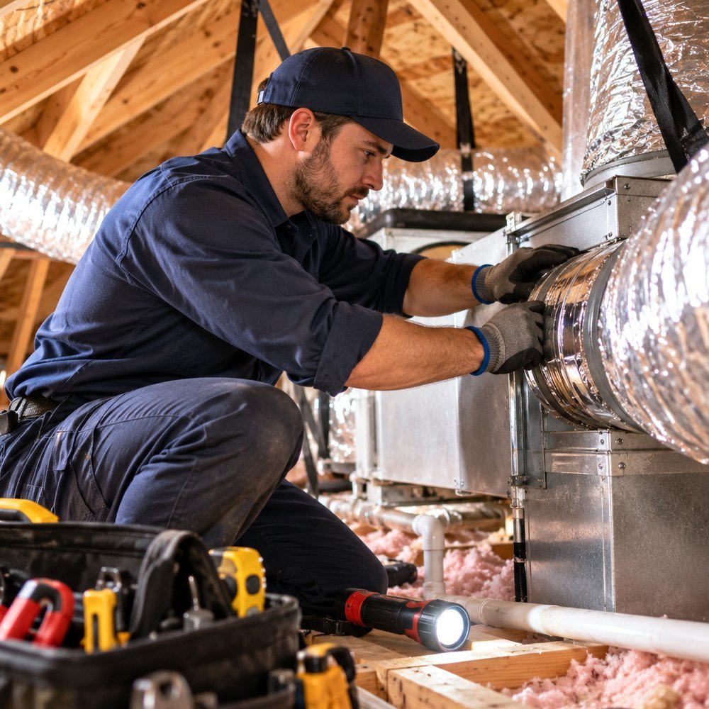 HVAC professional inspecting residential heating and cooling equipment