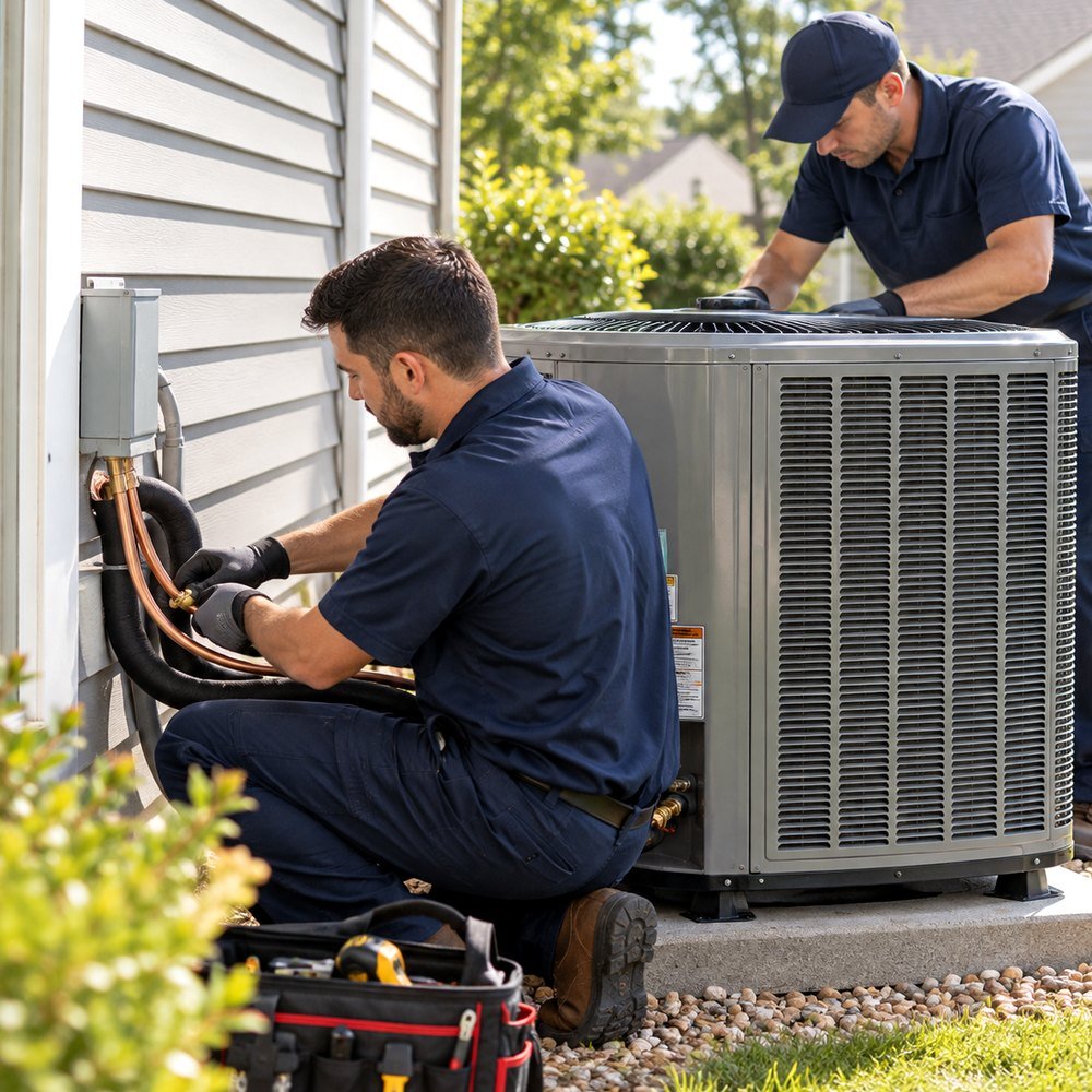 HVAC professional inspecting residential heating and cooling equipment
