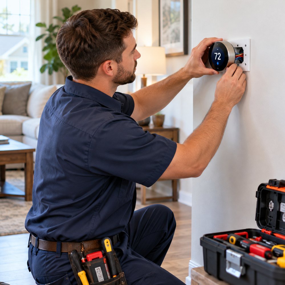 HVAC professional inspecting residential heating and cooling equipment