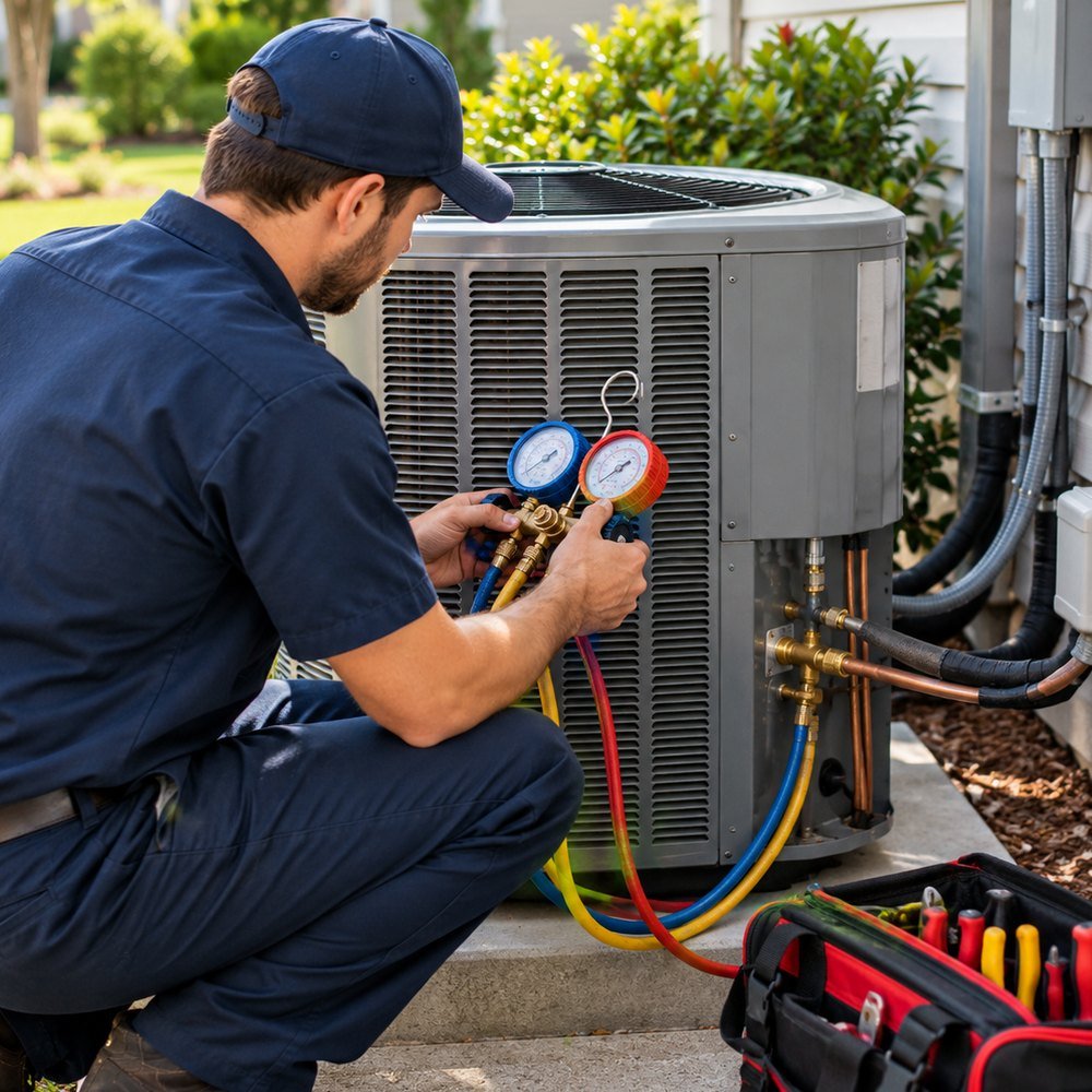 HVAC professional inspecting residential heating and cooling equipment