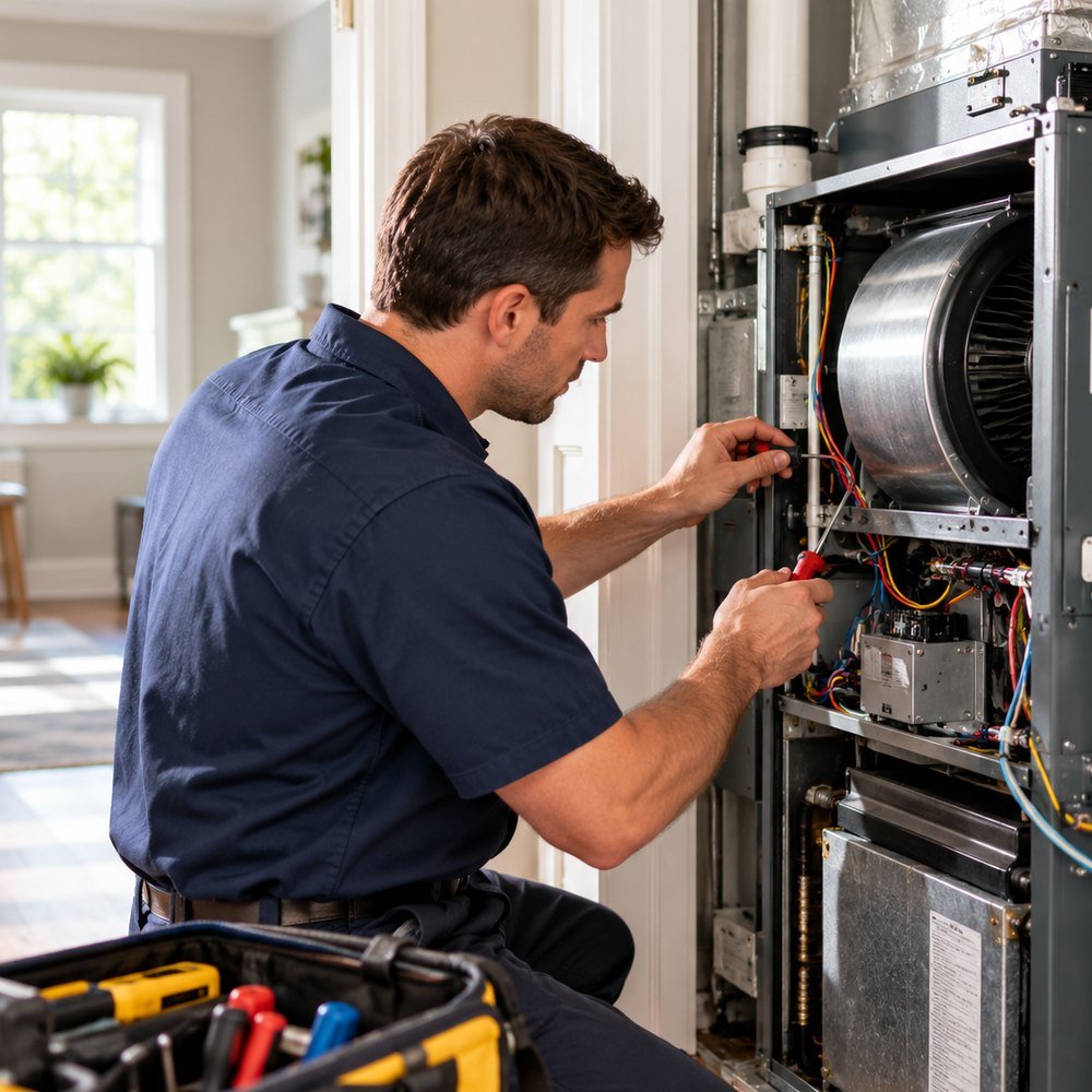 HVAC professional inspecting residential heating and cooling equipment