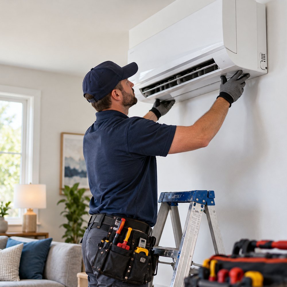 HVAC professional inspecting residential heating and cooling equipment