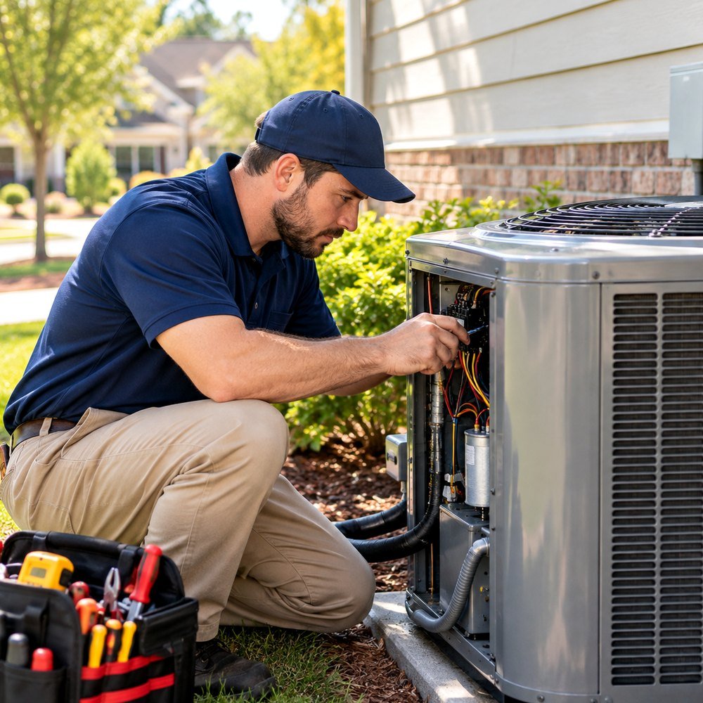 HVAC professional inspecting residential heating and cooling equipment