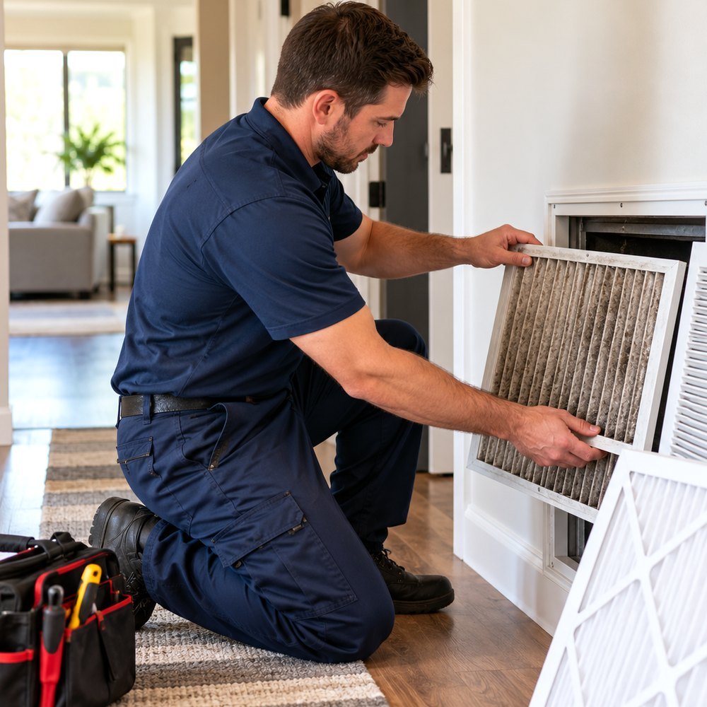 HVAC professional inspecting residential heating and cooling equipment