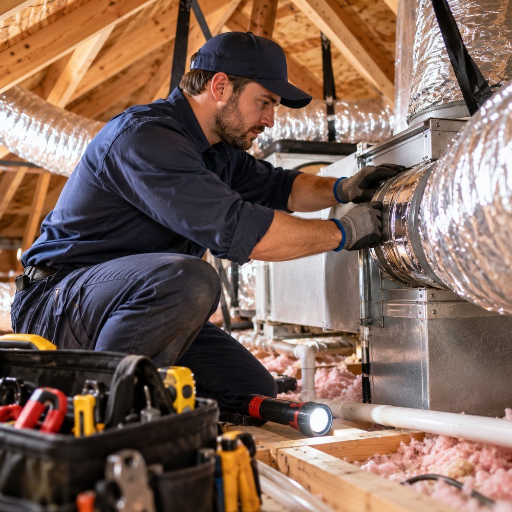 HVAC professional inspecting residential heating and cooling equipment