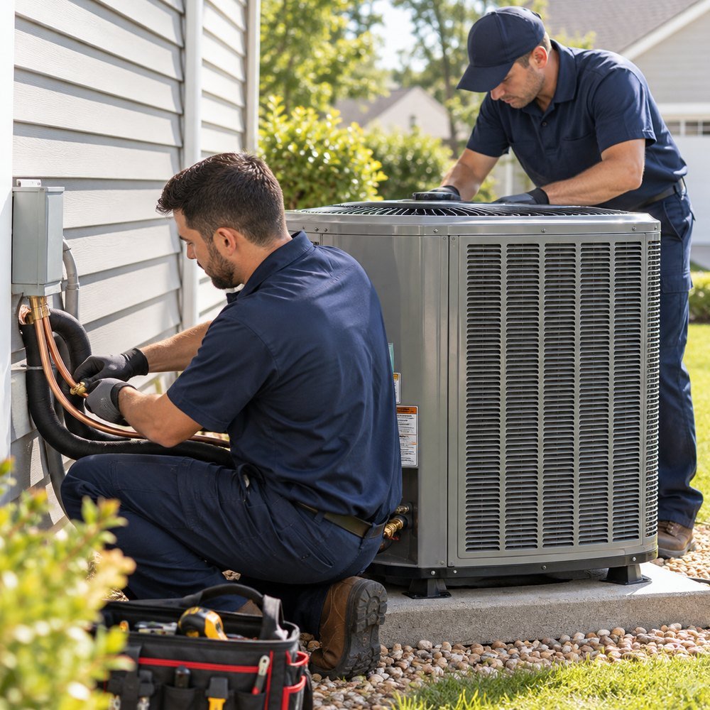 HVAC professional inspecting residential heating and cooling equipment