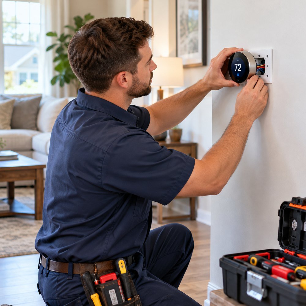HVAC professional inspecting residential heating and cooling equipment