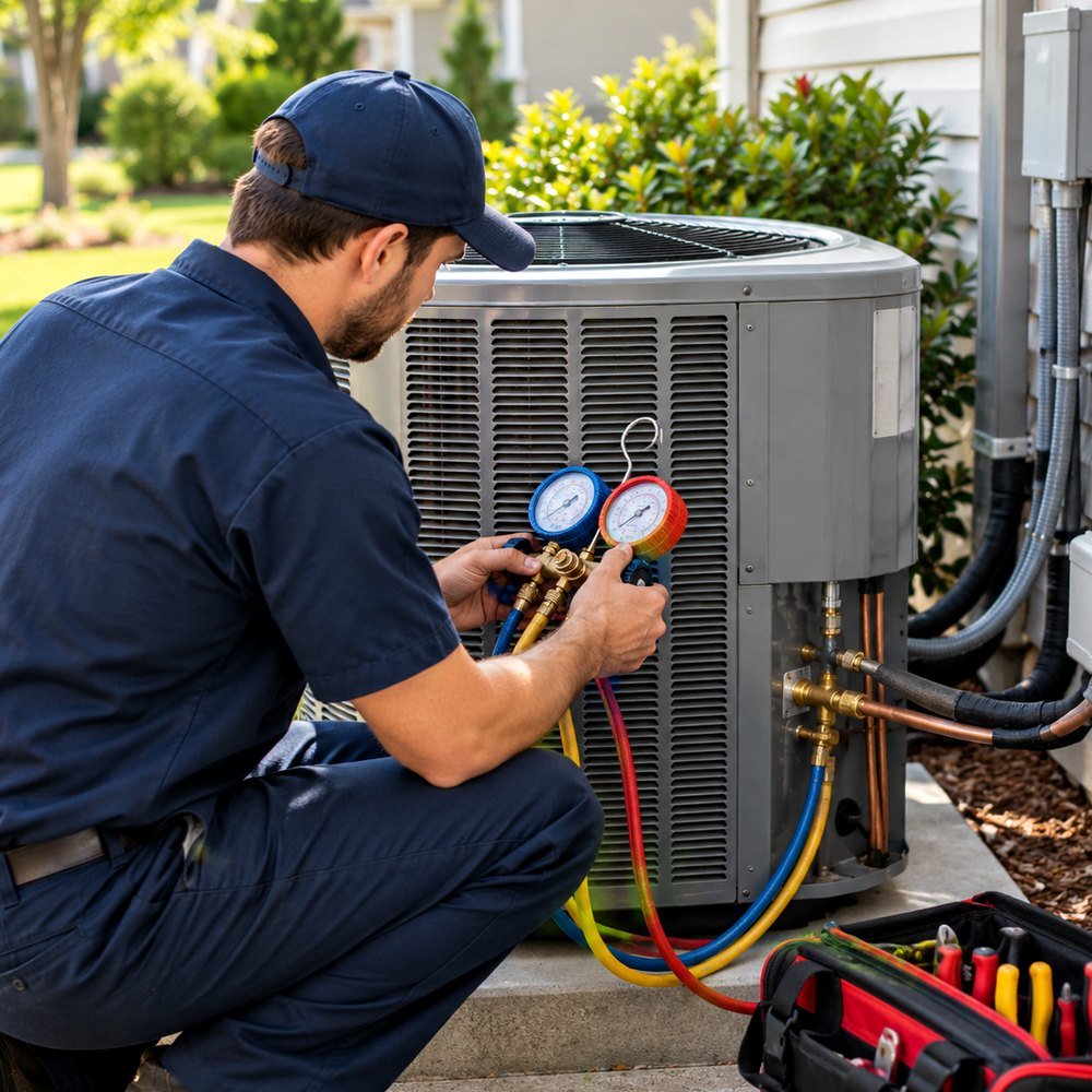 HVAC professional servicing residential heating and cooling equipment