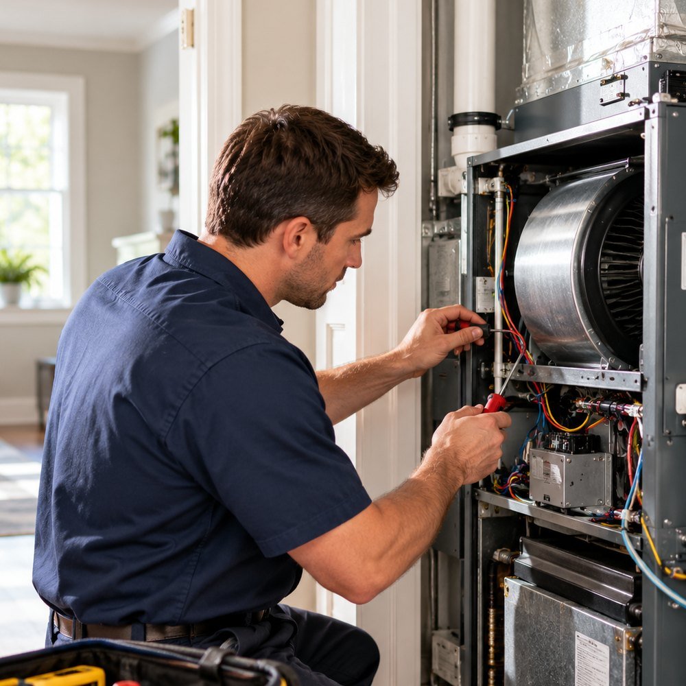 HVAC professional inspecting residential heating and cooling equipment