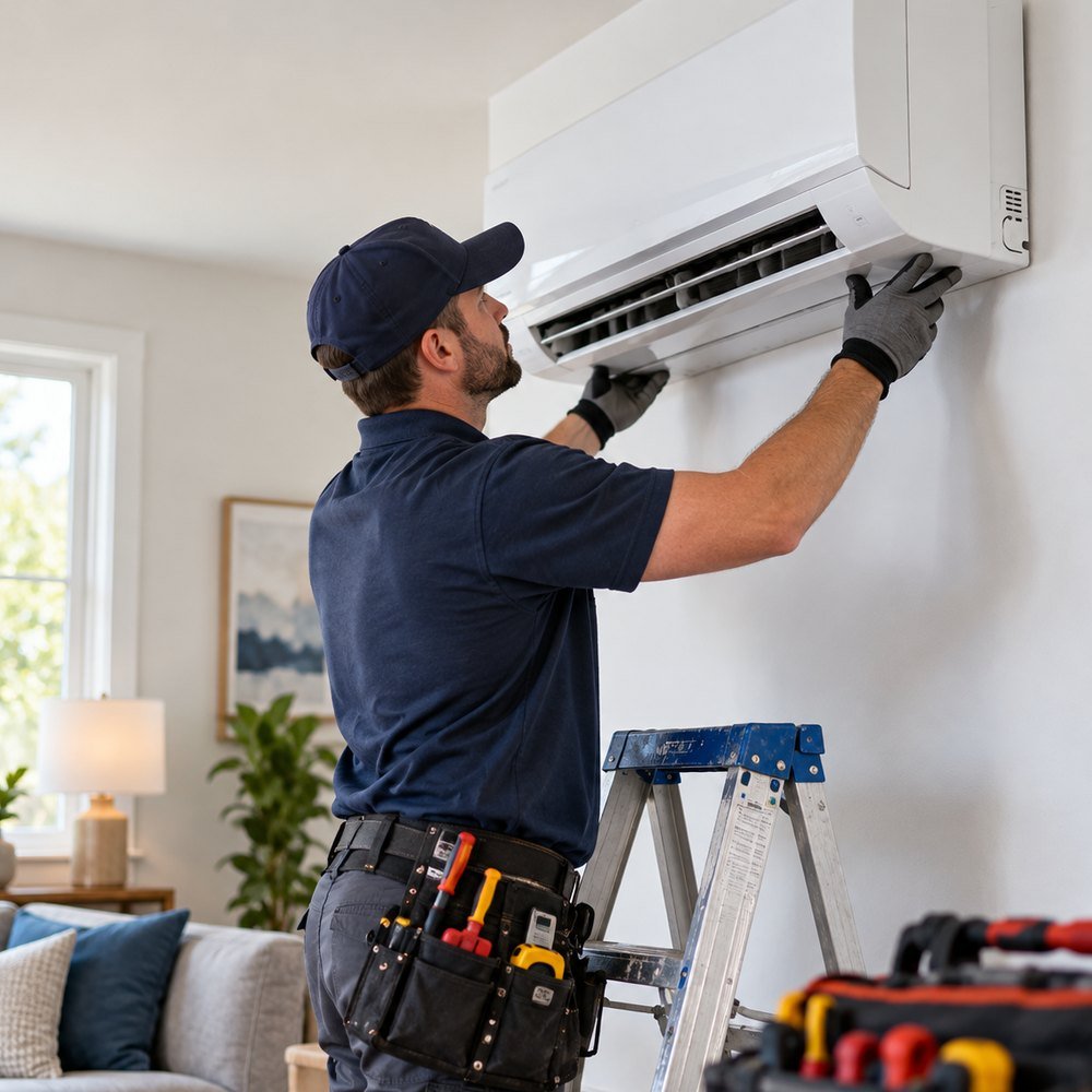 HVAC professional inspecting residential heating and cooling equipment
